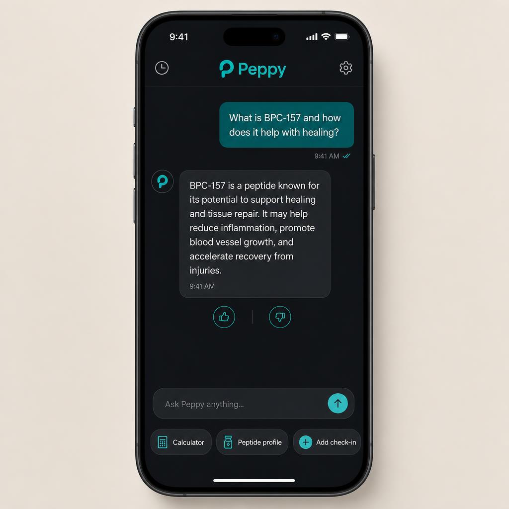Peppy AI chat assistant answering a question about BPC-157 healing