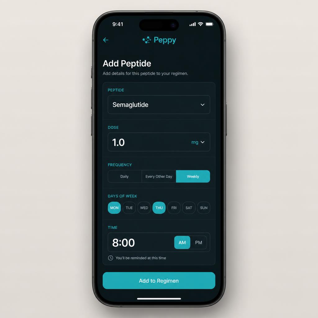 Peppy protocol builder form with dose, frequency, days of week, and time