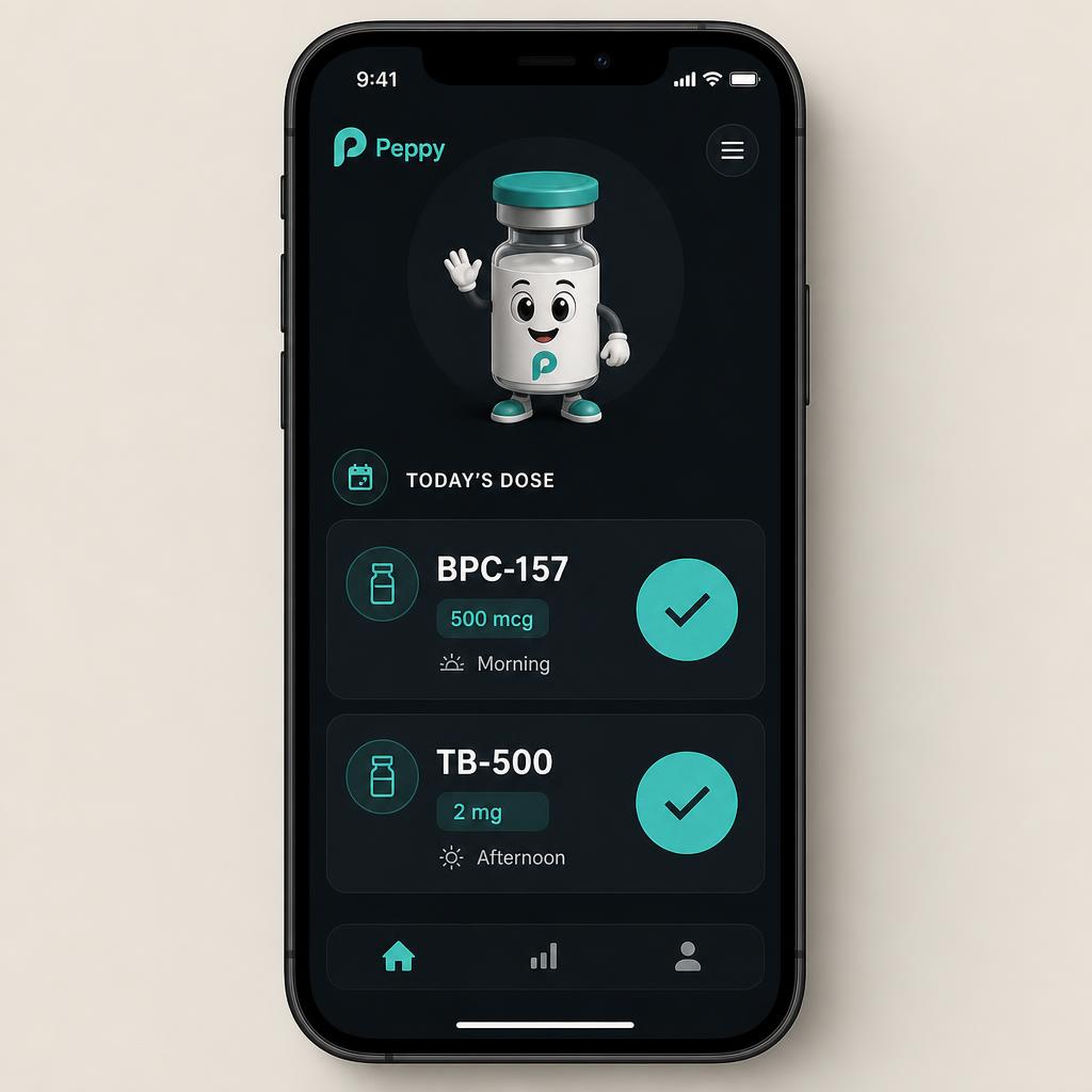 Peppy daily dose dashboard showing BPC-157 and TB-500 doses with checkmark buttons